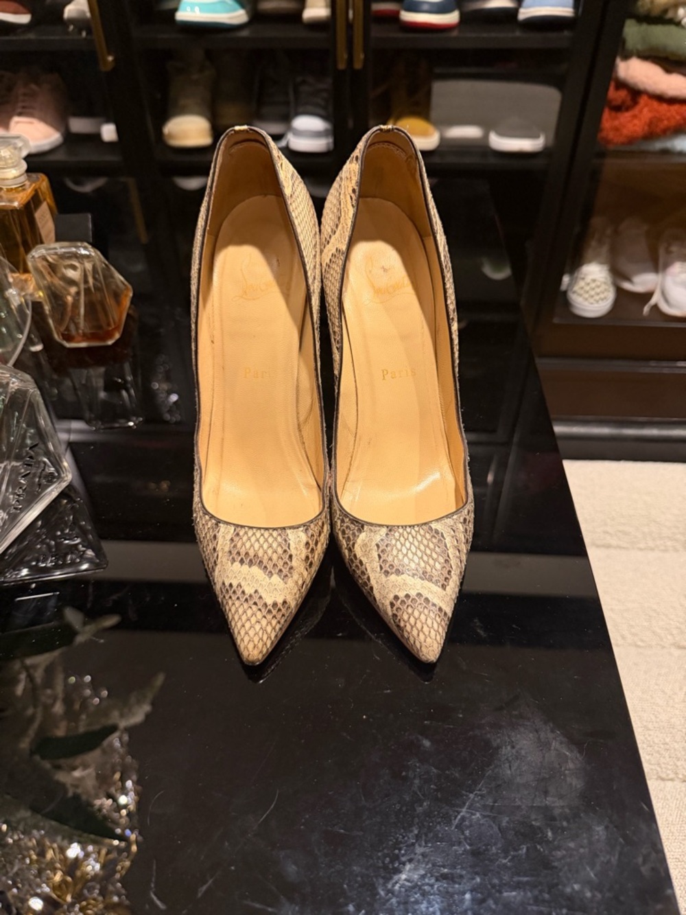 Christian Louboutin Beige Snakeskin Pointed Toe Pumps